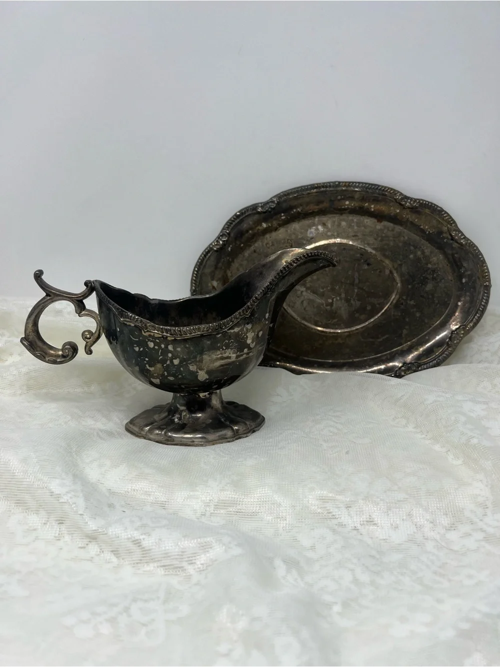 Vintage Silver Plated Gravy Boat with Matching Tray in Patina